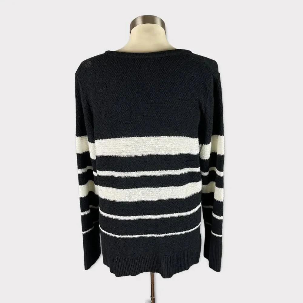 Calvin Klein Womens Medium V Neck Sweater Black White Stripe